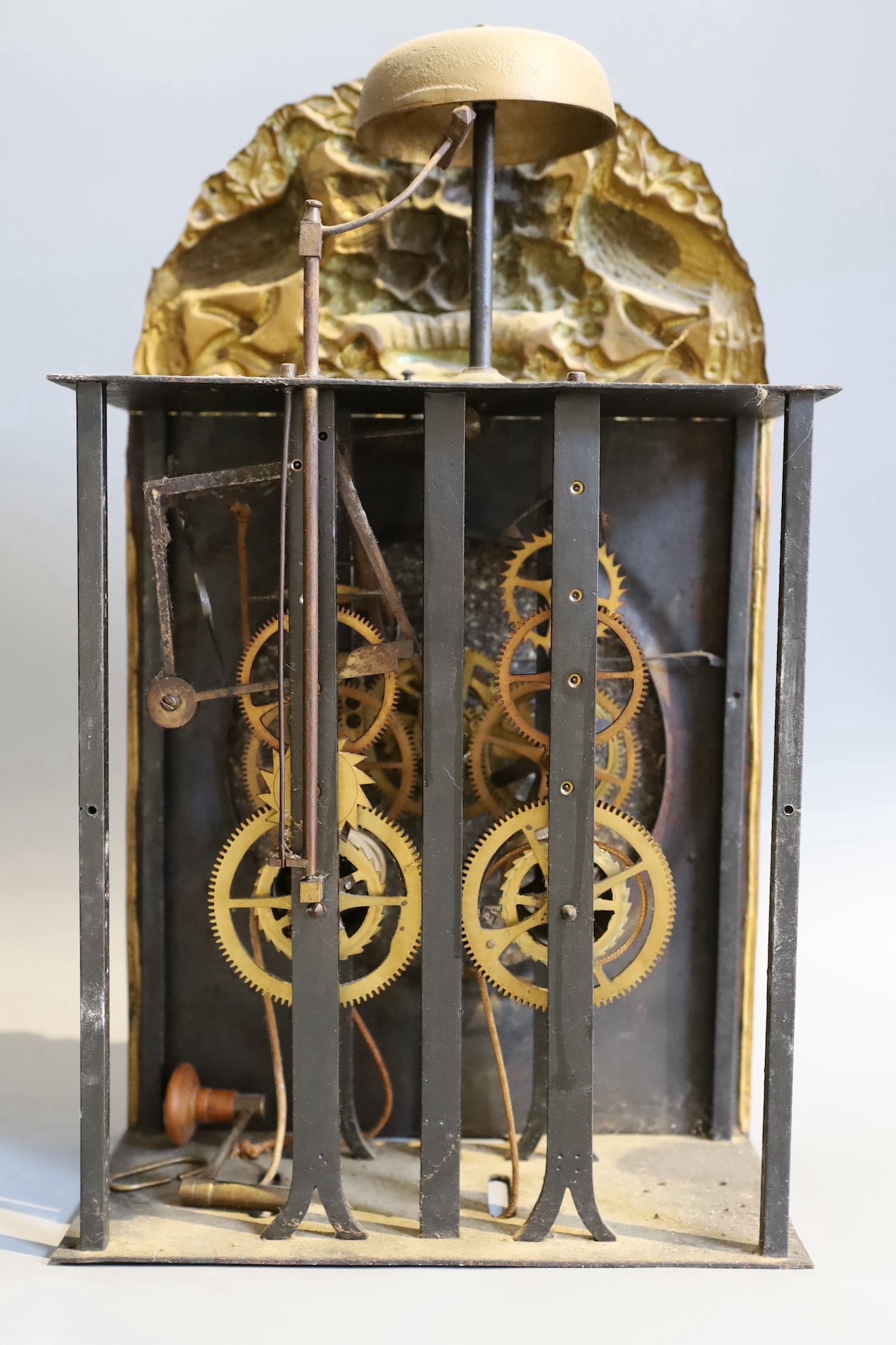 A 19th century French eight day longcase clock movement, with circular enamelled dial, pendulum and weights